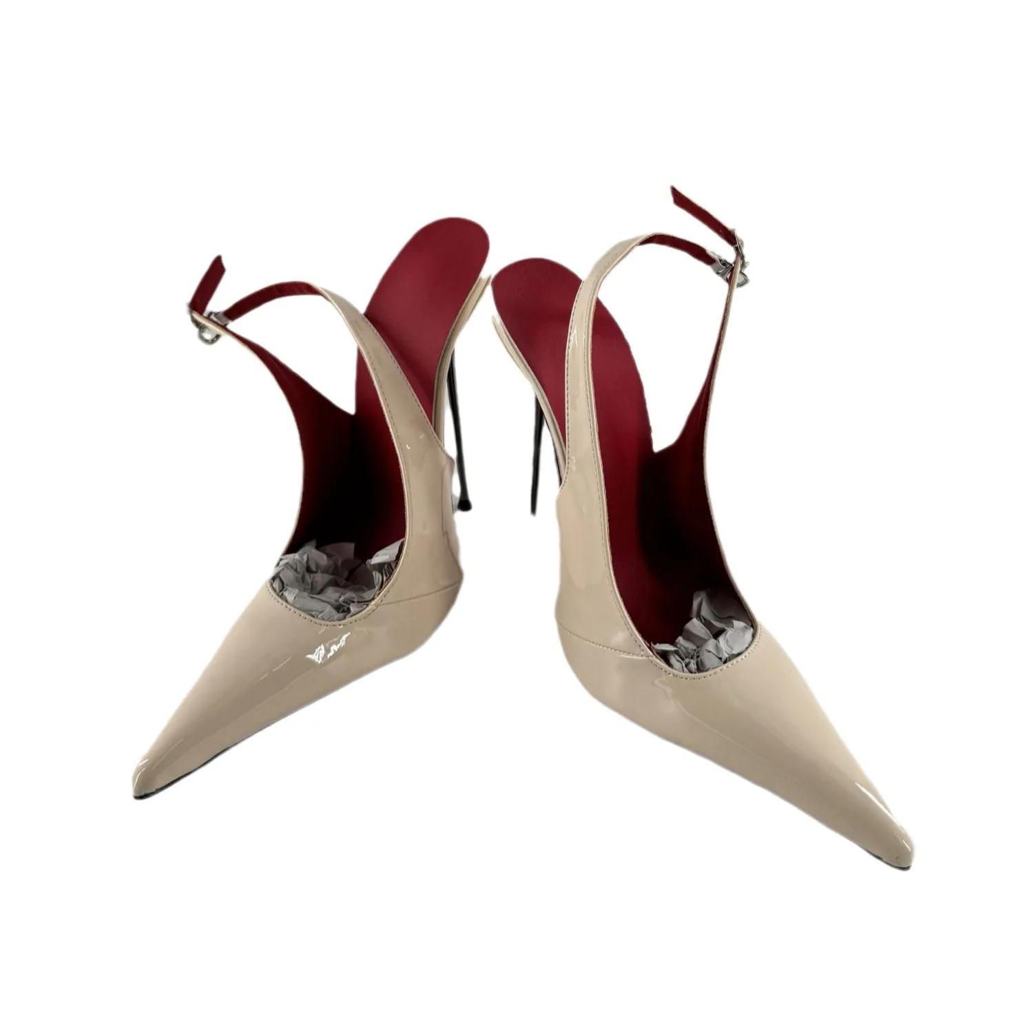 High heels patent leather long pointed shallow mouth designer style sexy and fashionable men\'s and women\'s buckle with red linin
