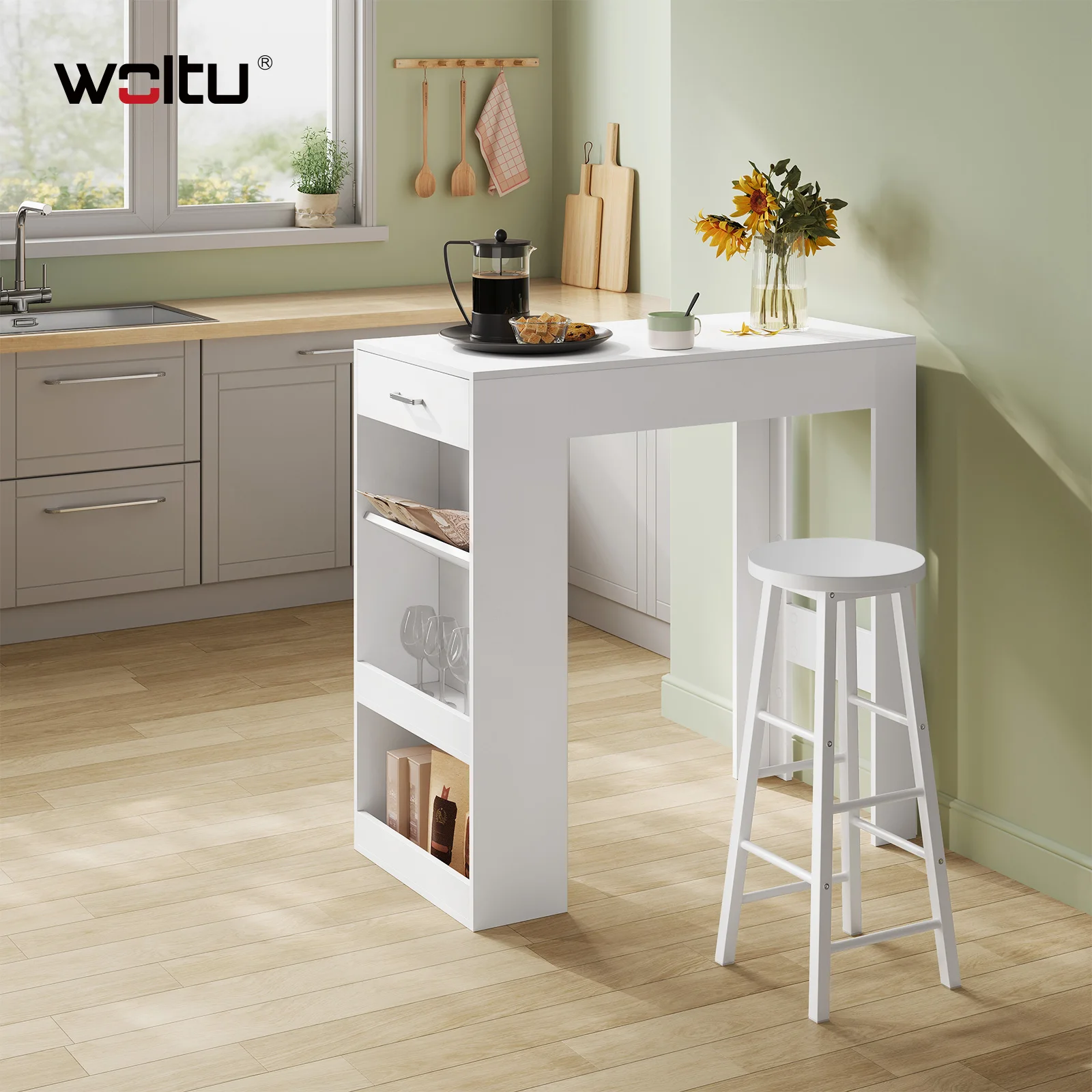 WOLTU Bartisch mit 1 Schublade und 3 Ablagen, Küchentisch mit Weinregal, Bistrotisch für Küche, Wohnzimmer, Esszimmer