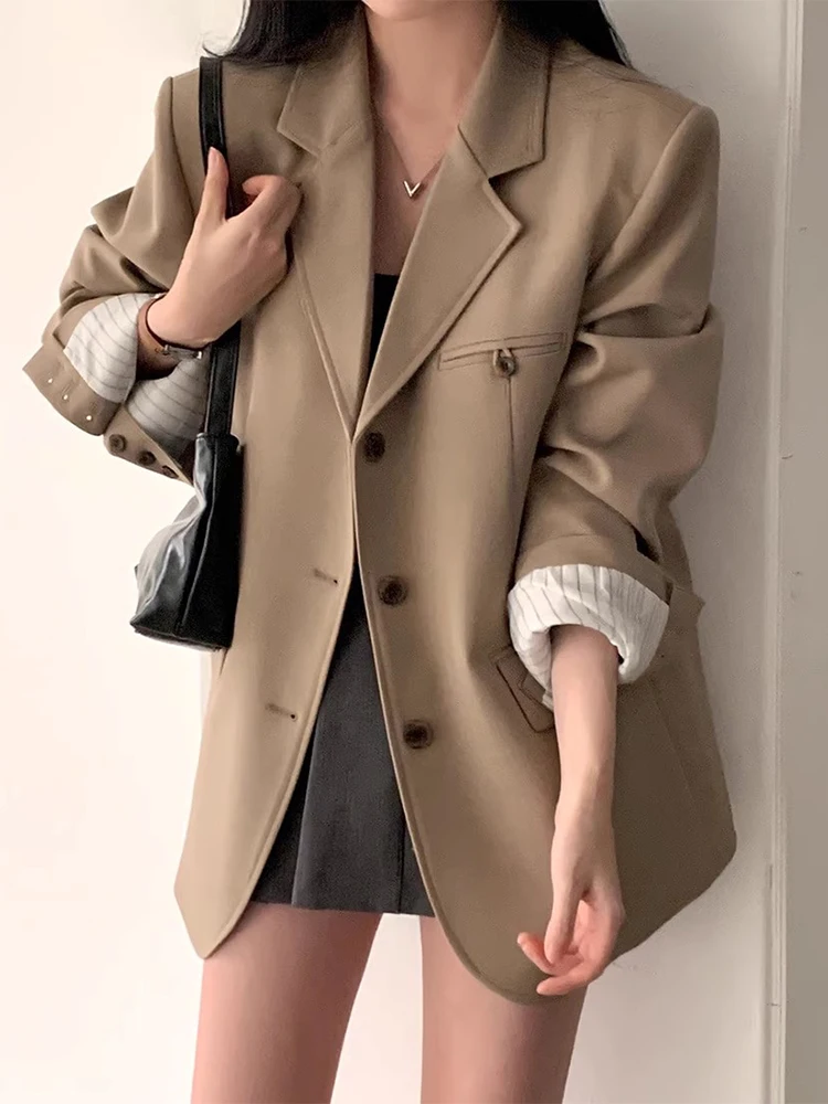 

Chic Loose Casual Long Sve Single Button Double ket Women's Suit Jaet Autumn New Sle French Sle Loose Fit