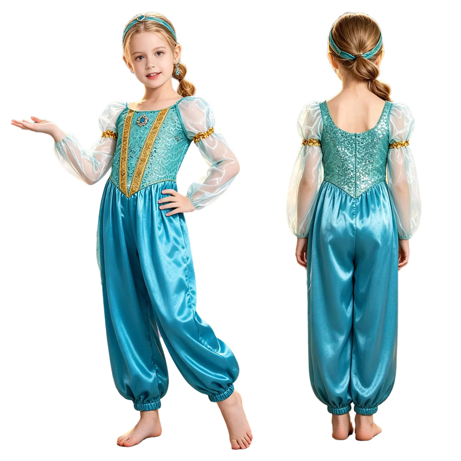 Kids Girls Shiny Sequin Tulle Sleeve Zipper Satin Arab Indian Belly Dance Jumpsuit Halloween Carnival Arabian Princess Costume