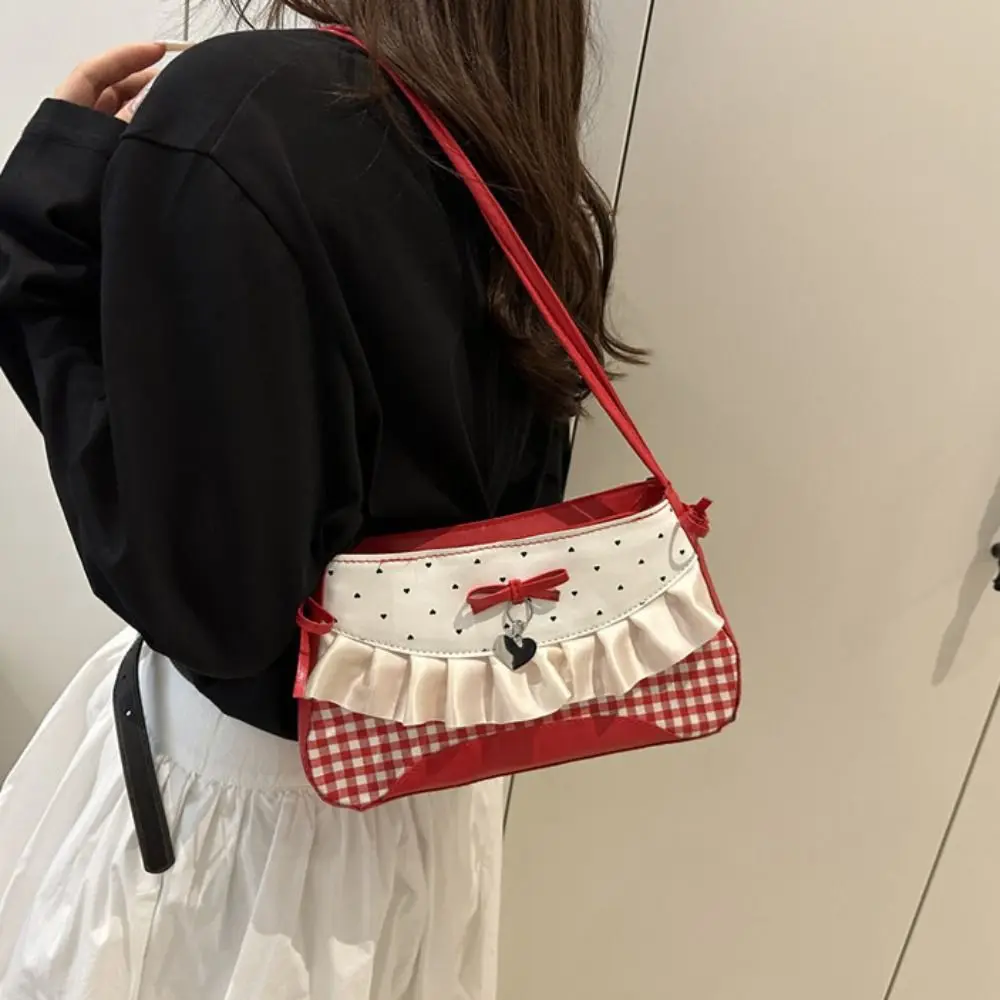 

Повседневная французская кружевная сумка на плечо с бантом из искусственной кожи, милая сумка в горошек Y2K, сумка подмышки с бантом на каждый день