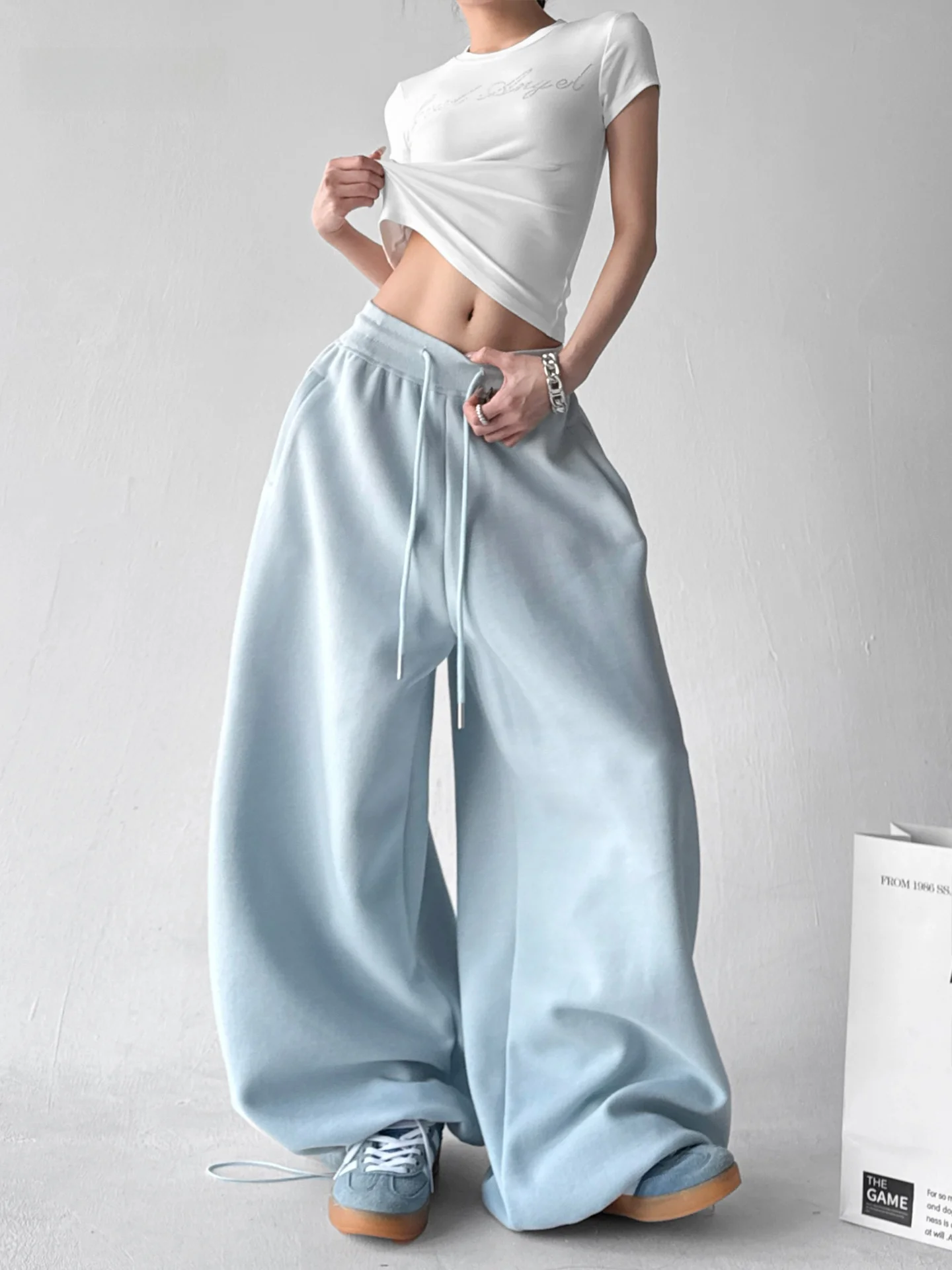 

2026 New Spor High Waist Dstring Wide Leg Pants Women's Blue Loose Comfortable Casual Trousers Simple Straight Cut