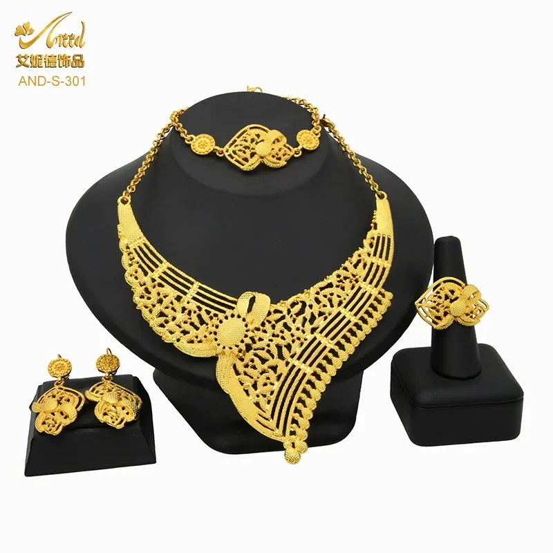 24k Gold Plated Arab Bridal Necklace Earrings Ring Bracelet Indian Ladies Jewelry Set