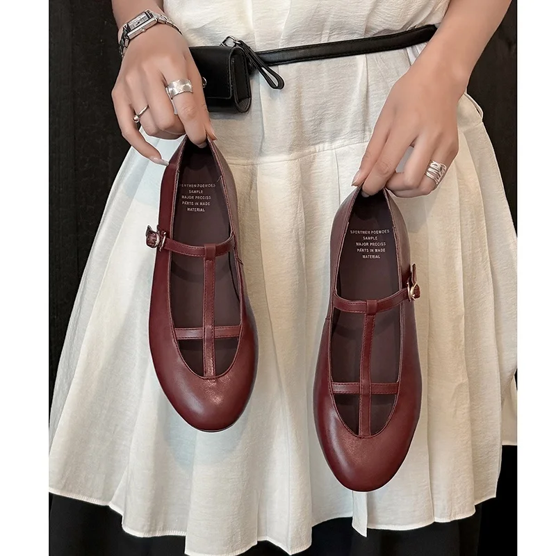 MKKHOU Fashion Women's Shoes New High Quality Genuine Leather Shoes Round Head T-shaped Buckle Low Heel Flat Bottom Summer Shoes