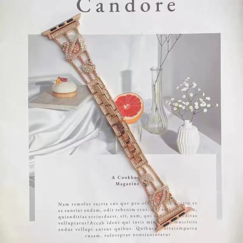 สายรัดโลหะเพชรสำหรับนาฬิกา Apple 49มม. 45มม. 44มม. 42มม. 41มม. 40มม. สแตนเลสสตีลสไตล์หงส์ iWatch ultra 9 8 7 6 5 4 SE