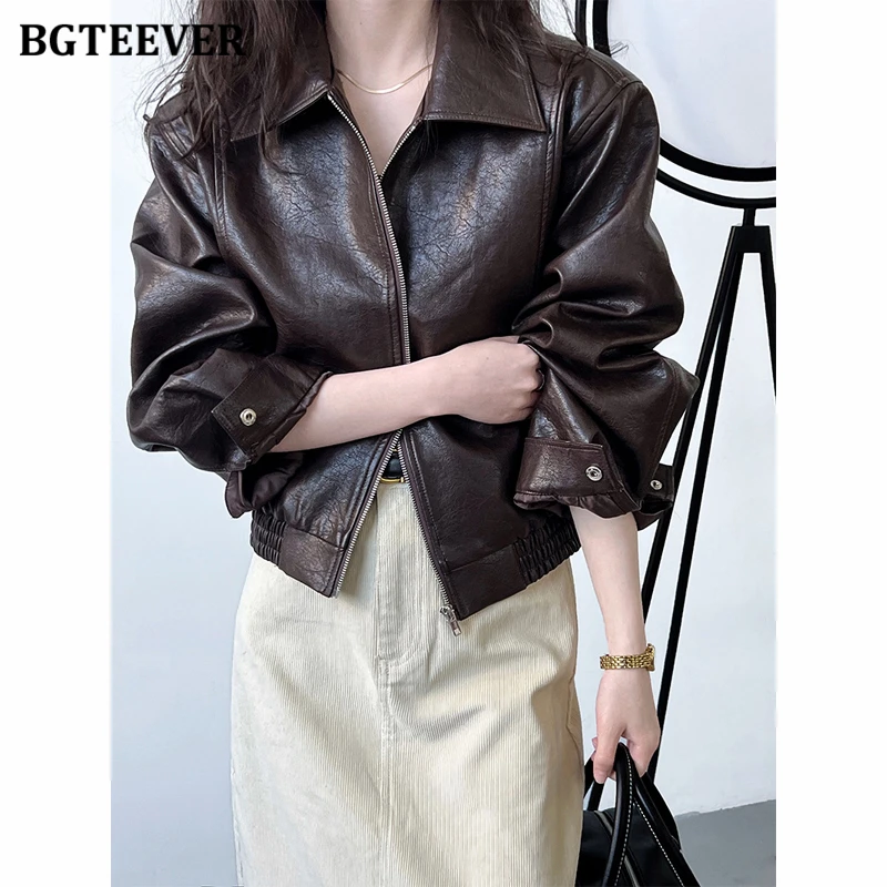 BGTEEVER Stylish Long Sleeve Zipper Up Ladies PU Leather Coats Autumn Winter Loose Pockets Classic Jackets for Women