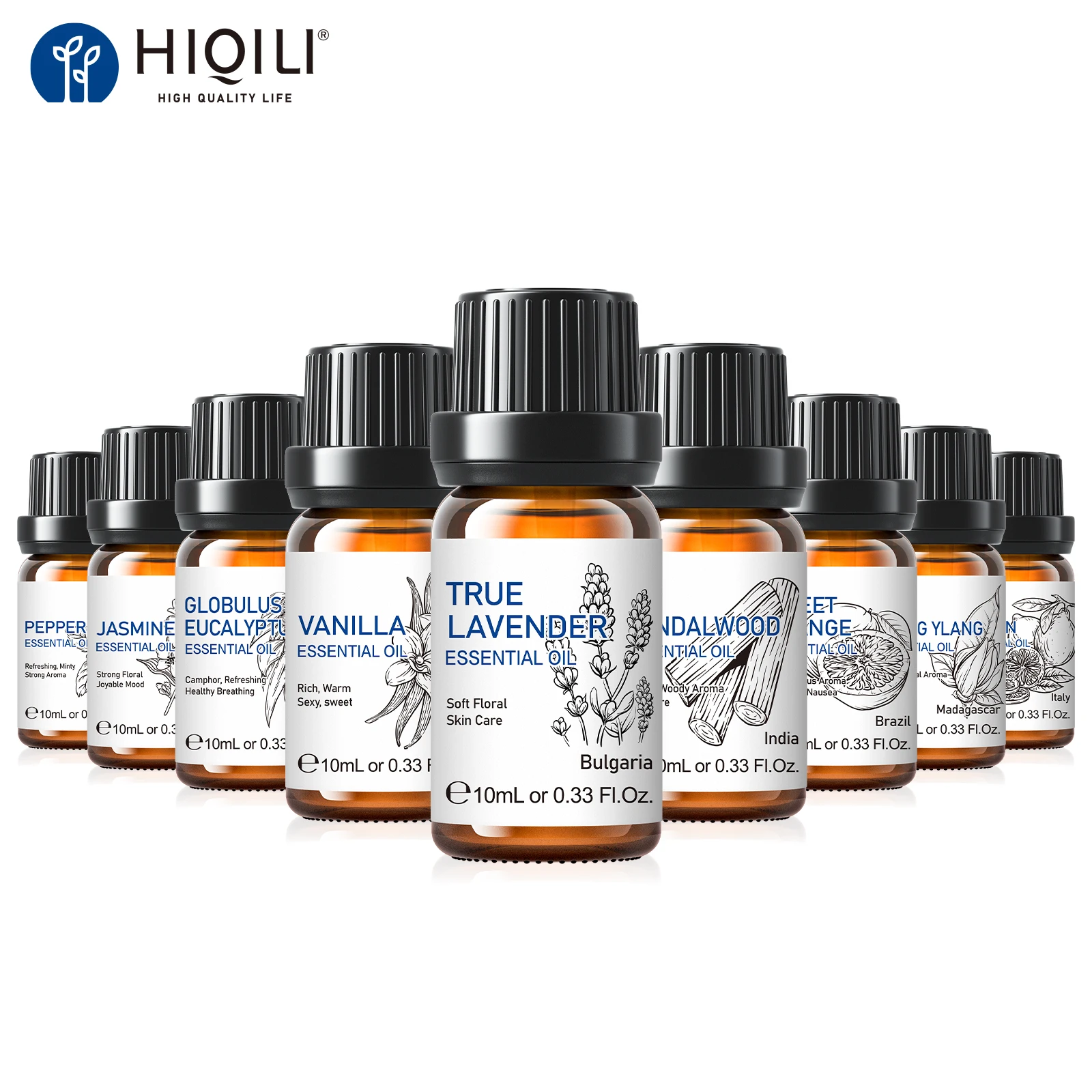 HIQILI Huile Essentielle Pure Naturelle 10ml Lavande Jasmin Eucalyptus Vanille Bois de Santal Orange Douce Citron Origan Rose Parfum