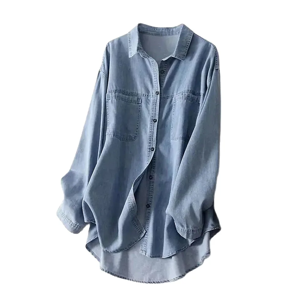 Blue Denim Cotton High Street Polo-Neck Long Sleeve Single Breasted Women\'s Blouse Shirt Korean Fashion Female Clothing 2024