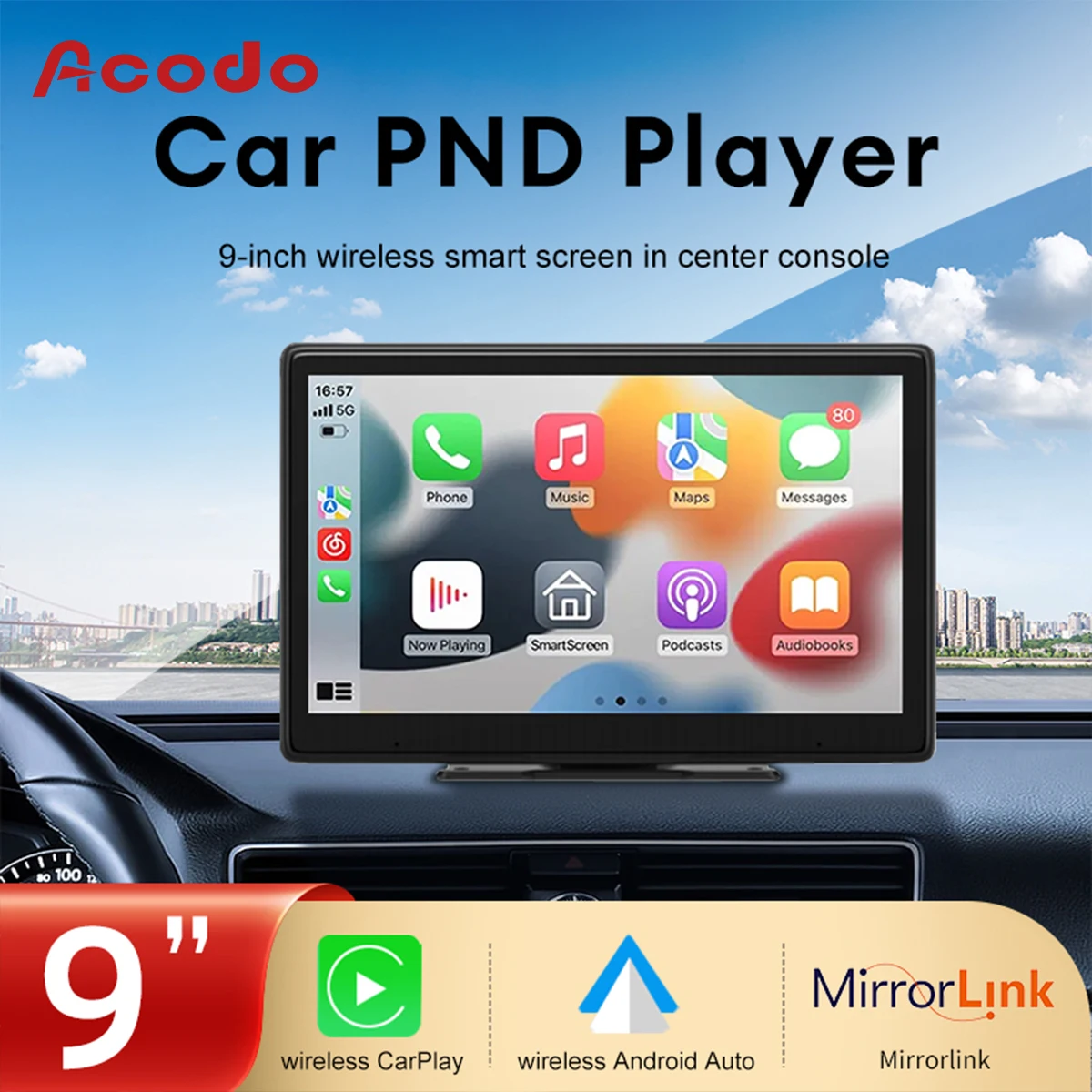 Acodo 9 Inch Universal Wireless Center Console Car PND Player Wireless CarPlay Car Radio Multimedia Video Player Android Auto