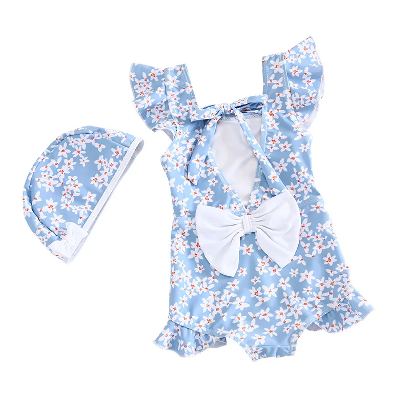 Flower Print Children\'s One-piece Swimsuit for Girls 2-8 Years Blue Korean Style Swimwear Girl Bathing Suit Girl Quick Drying