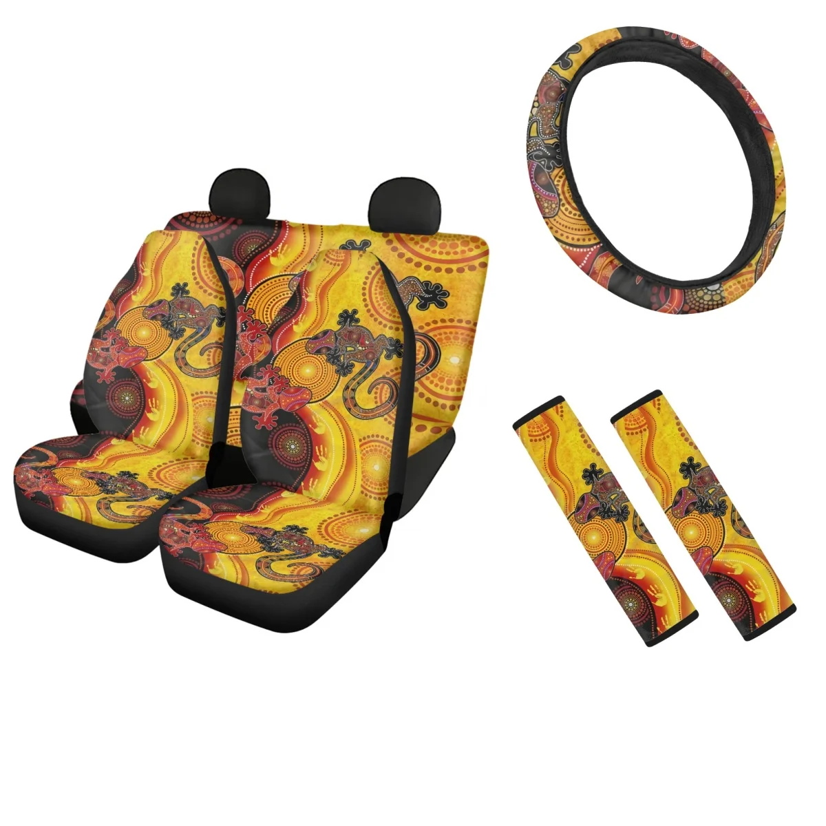 

Full Set Car Seat Cover Australia Aboriginal Pattern Lizards and The Sun Safety Belt Cover Fit Most Vehicle Steering Wheel cover