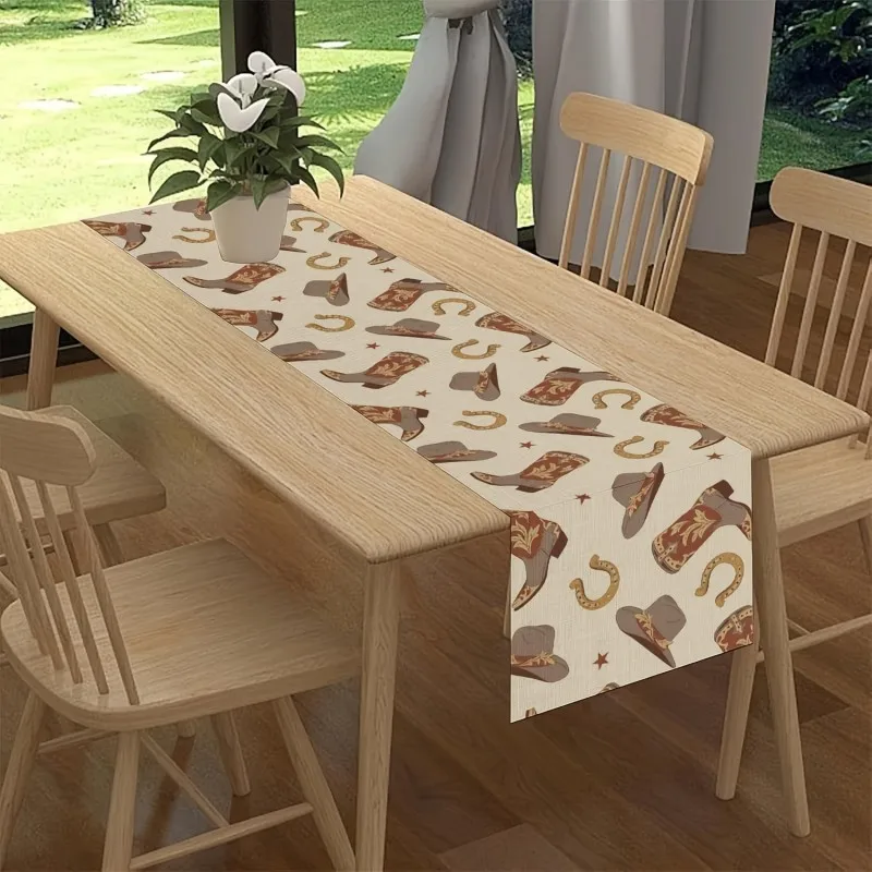 VIKAMA Cowboy Boot Hat Horseshoe Table Runner, Western Rustic Rectangular Dining Table Cover for Farmhouse Home Party Decor