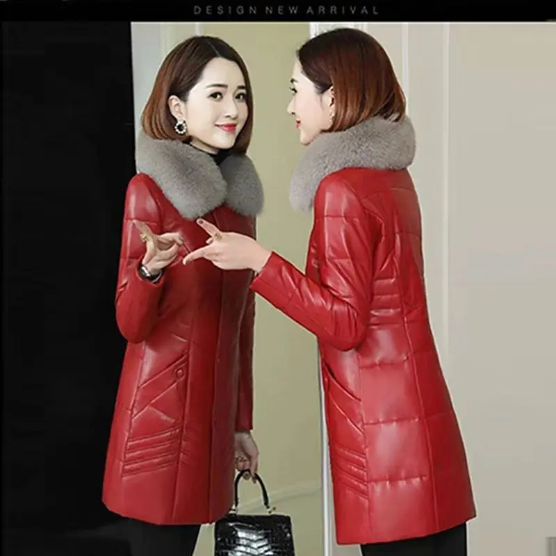 Chaqueta de cuero para mujer, abrigo de cuero de longitud media con cuello de piel grande y grueso, prendas de vestir exteriores para mujer, abrigos de algodón de cuero PU