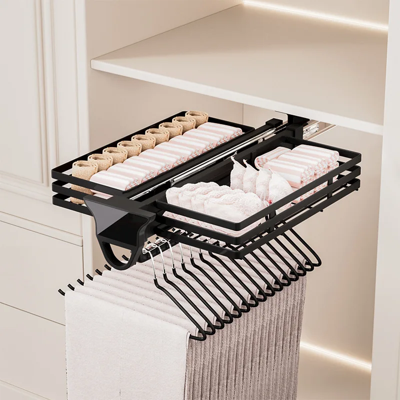 Multifunctional Pants Rack Wardrobe Retractable Slide Rails Household Balcony Clothes Storage Rack Home Pull Basket Trouser Rack