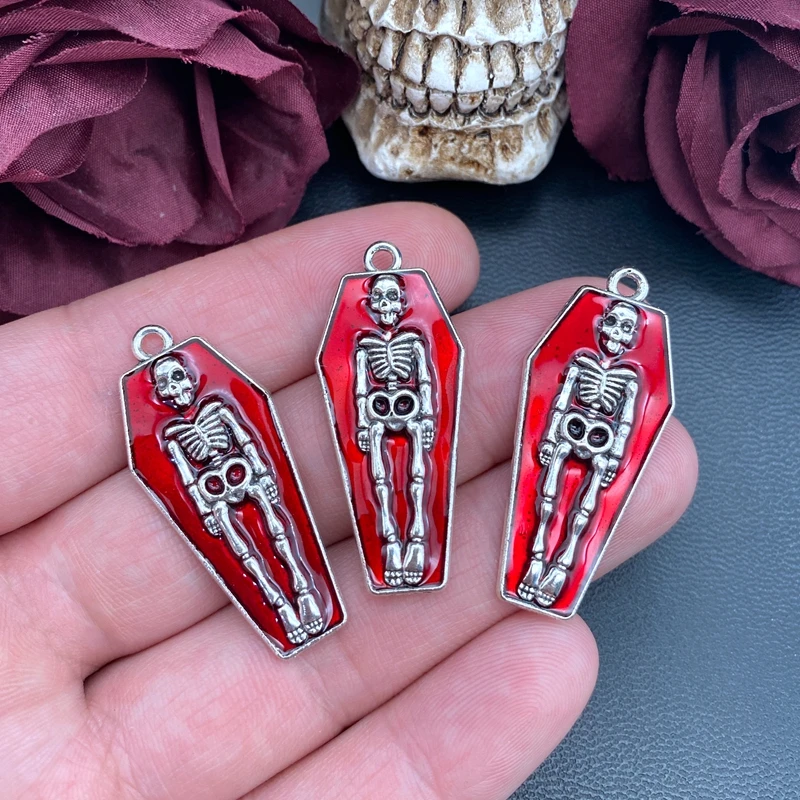5pcs 41*18mm Gothic Skeleton Charm in Coffin,Blood Red Skeleton Charms Pendant Fit Halloween Jewelry Making DIY Jewelry Findings