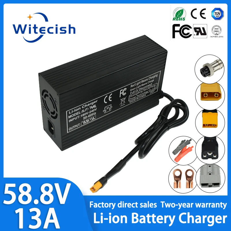 100-240V 52V 58.8V 13A 10A 6A 5A lipo lithium battery Fast charger for 14 series 51.8V 52V battery packs Built-in cooling fan
