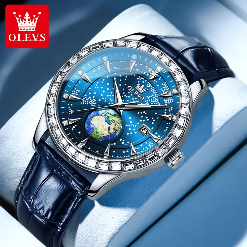 

OLEVS Fashion Blue Starry Sky Earth Design Quartz Watch For Men Luxury Leather Strap Diamond Wristwatch Waterproof Mens Watches