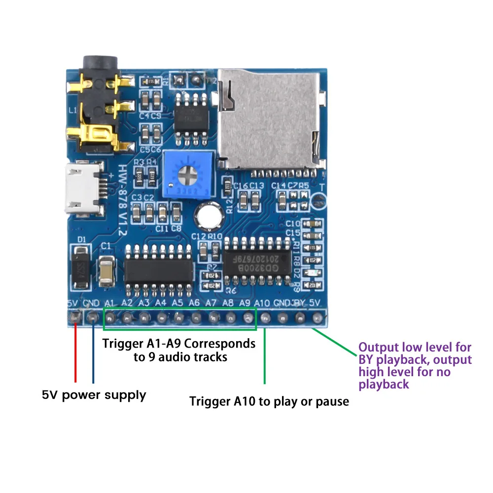 Módulo de reproducción de voz MP3 reproductor de música voz instrucciones Junta de desarrollo IO iriggered reproducción volumen ajustable soldadura Pin