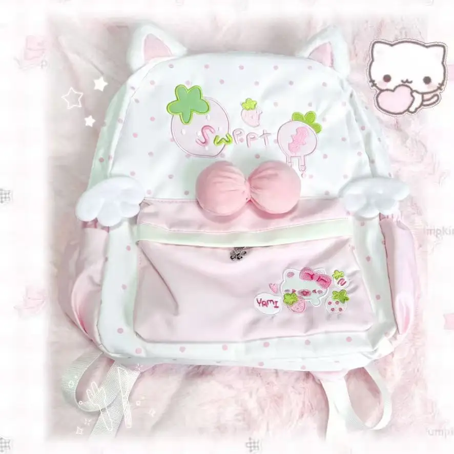 Japanese Cartoon Cat Ears Strawberry Angel Furry Backpack Preppy Style Student Subculture Cute School Backpack Sweet Y2k Bag