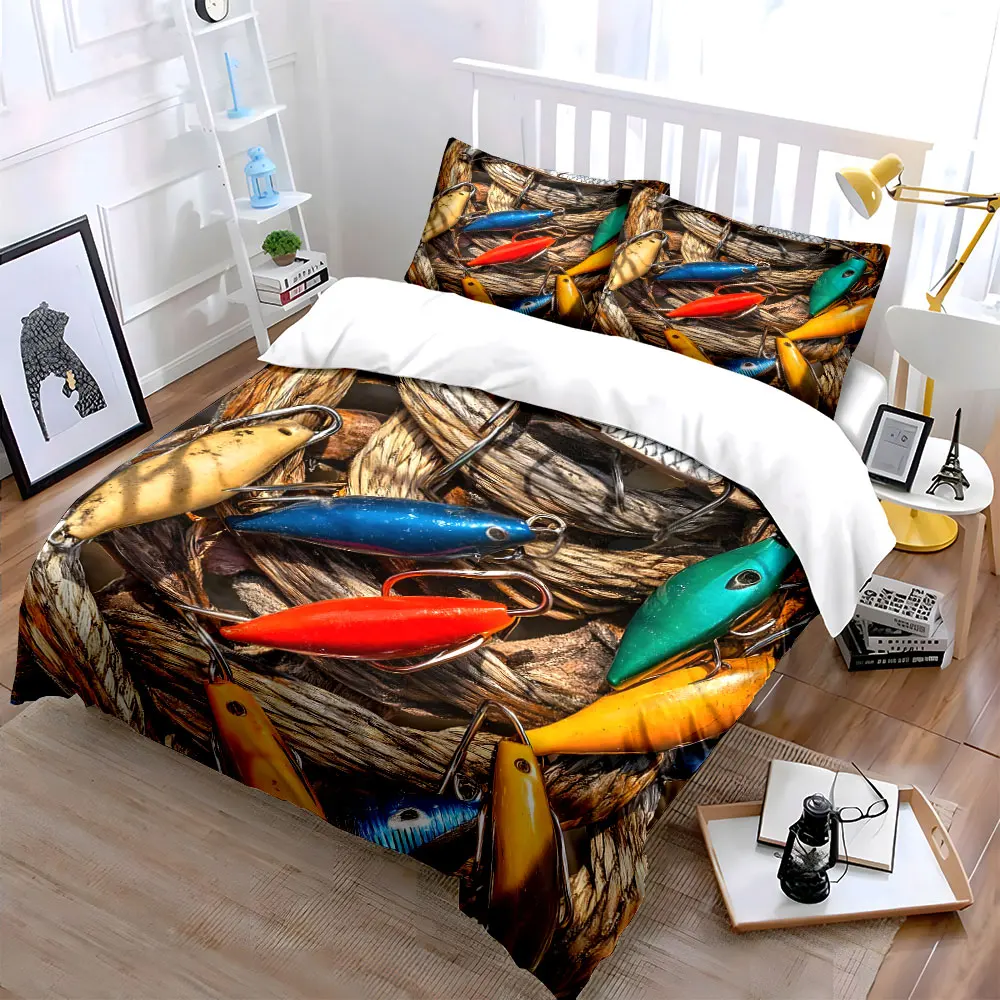 Colorful fishing lures on woven rope Duvet Cover Set with 3D Printing Design Soft Polyester Bedding Set All-Season Comfort