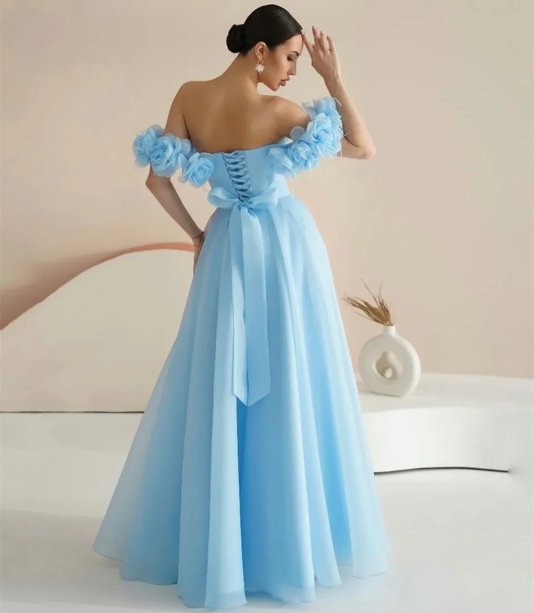 Vestidos de Noche largos elegantes de Organza azul cielo con flores, Vestidos de fiesta plisados hasta el suelo, Vestidos de noche para graduación