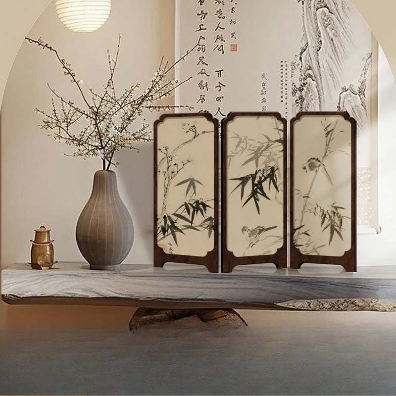 New Chinese Ink Bamboo Mini Tabletop Folding Screen Retro Wooden Desktop Ornament Home Office Cabinet Decorative Craft Ornament