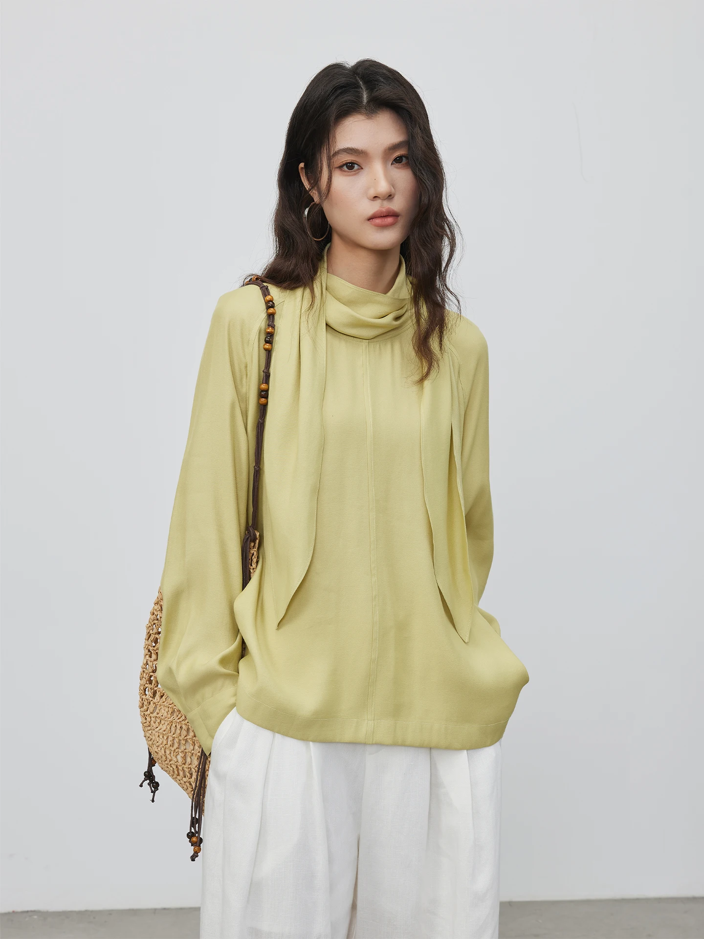 

KEARA Elegant Draped Collar Loose Fit Women's Shirt Spring Summer Charming Gentle Green Color White Enhancing Blouse