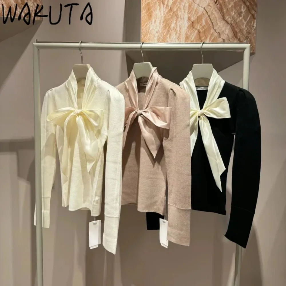 Wakuta-Suéteres de manga puff com gola, monocromáticos, patchwork, slim fit, sweet jumper, malha japonesa, pulôveres casuais elegantes