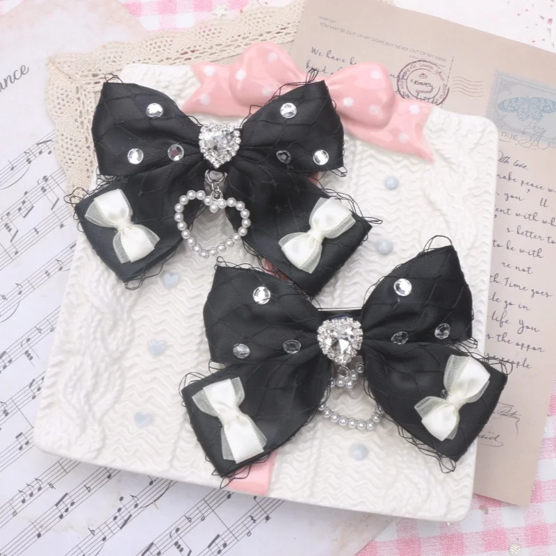 Gothic Lolita Cool Net Hairpins Pearl Ornament Handmade Bow Delicate Rhinestone Hair Clip For Women  Jirai Kei Accessories