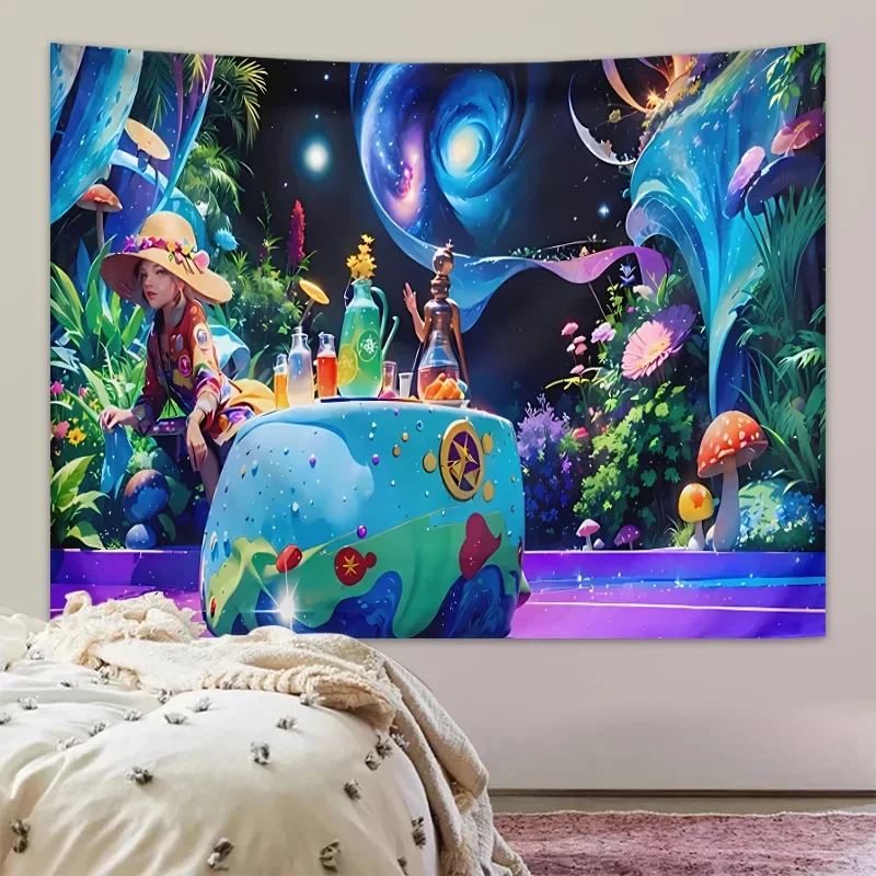 Cartoon Mushroom Forest Tapestry Wall Hanging Mysterious Simple Abstract Art Landscape Bohemian Bedroom Living Room Home Decor