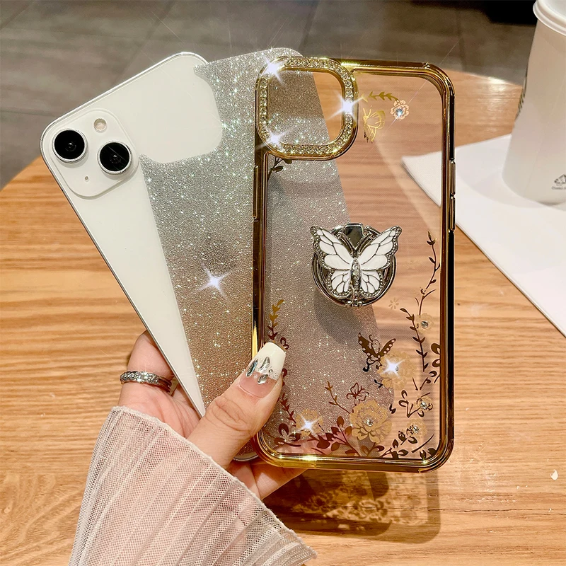 Glitter Butterfly Ring Support Case for iPhone Luxury Fashion Quakeproof Case 16 14 15 Plus Max 13 Pro Max 12 Pro 11 Max