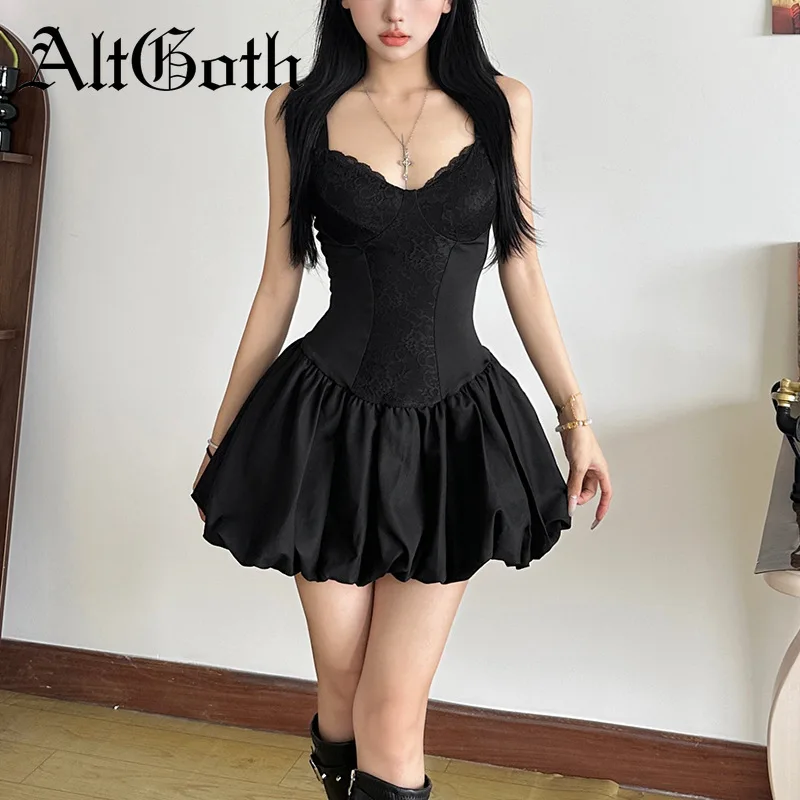 AltGoth Aesthetic Fairycore Partykleid für Damen, Pastell-Gothic, sexy, elegant, süß, Spitze, Patchwork, rückenfrei, hohe Taille, A-Linien-Kleider