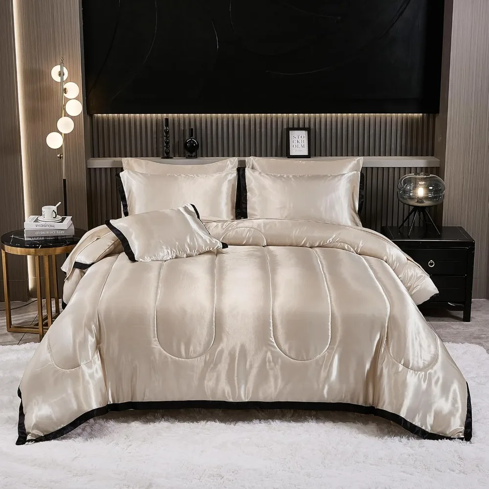 

Satin King Comforter Set Silk Like Beige Bedding Comforter 8 Pieces Black Ruffle Pattern Home Decor Luxury Hotel Silky Bed Sheet