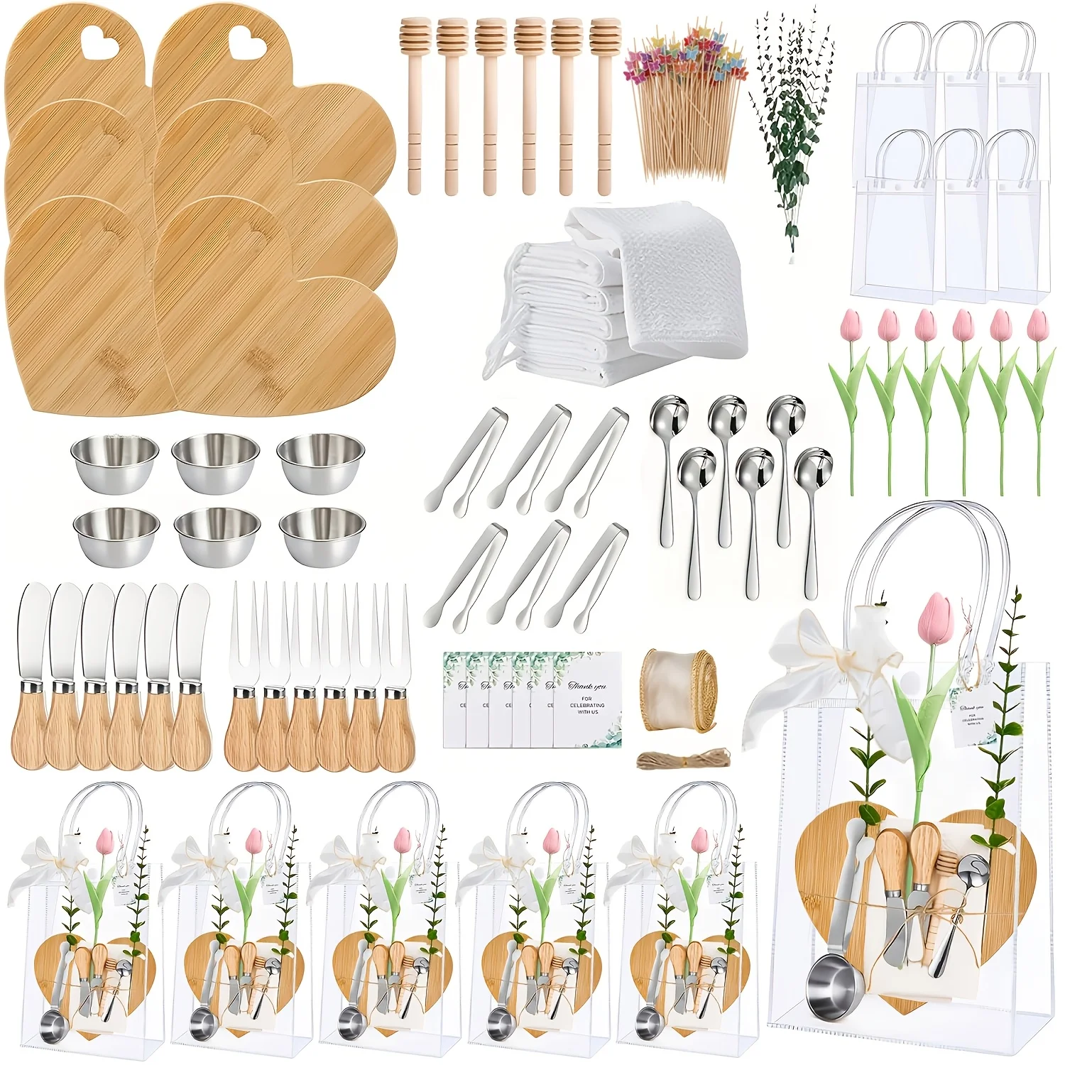 6 Sets Completos de Paquetes de Regalo para Bodas y Despedidas de Soltera: Tabla de Quesos con Dispensador de Miel, Utensilios para Charcutería, Tarjetas para Toallas y Bolsas de Regalo - Elegantes Premios para Ganadores de Juegos, Artículos para Despedidas de Soltera, Recuerdos de Boda (Descuento) LuxuryLounge