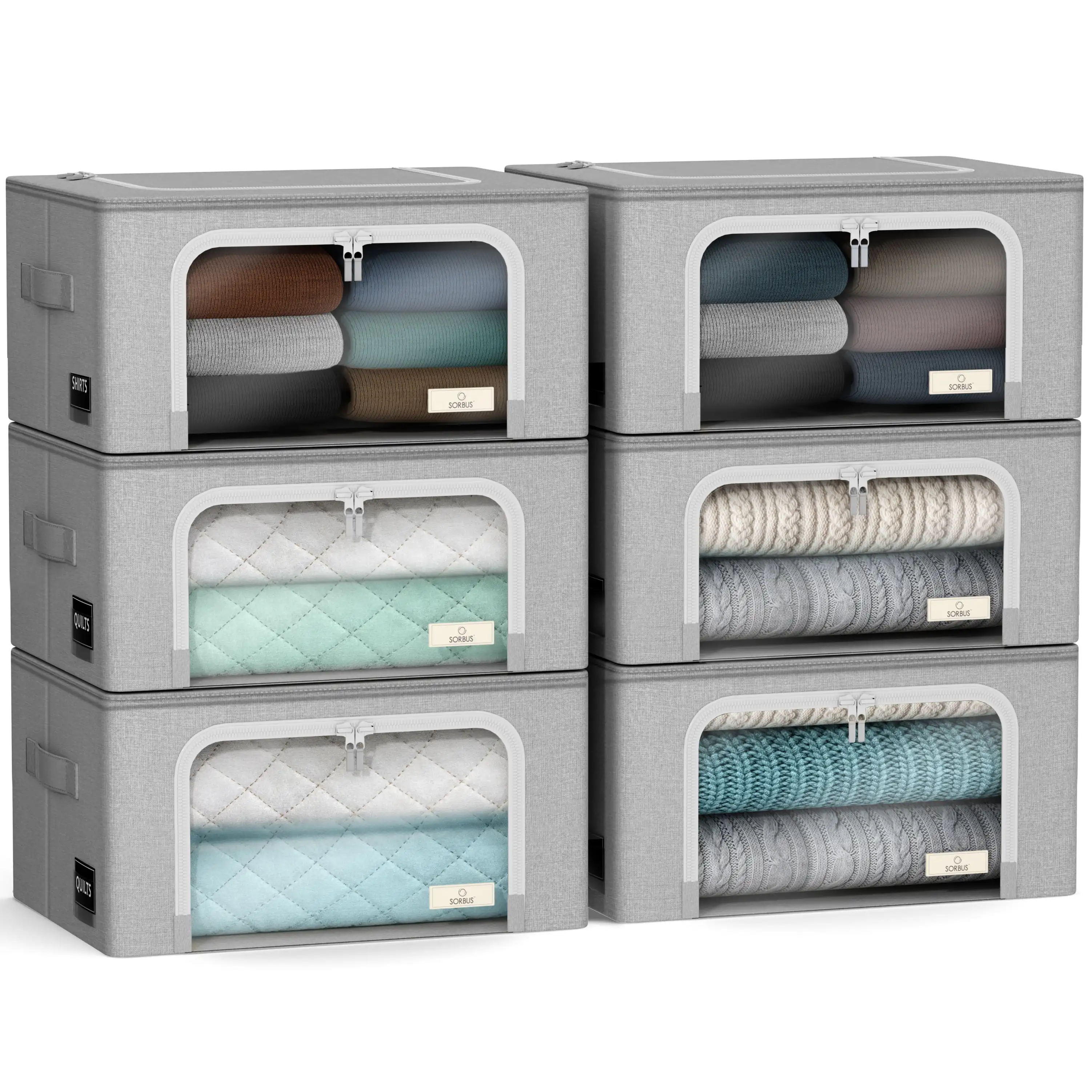 

Storage Bins with Metal Frame – Stackable Foldable Organizer Bags with Clear Window & Handles –