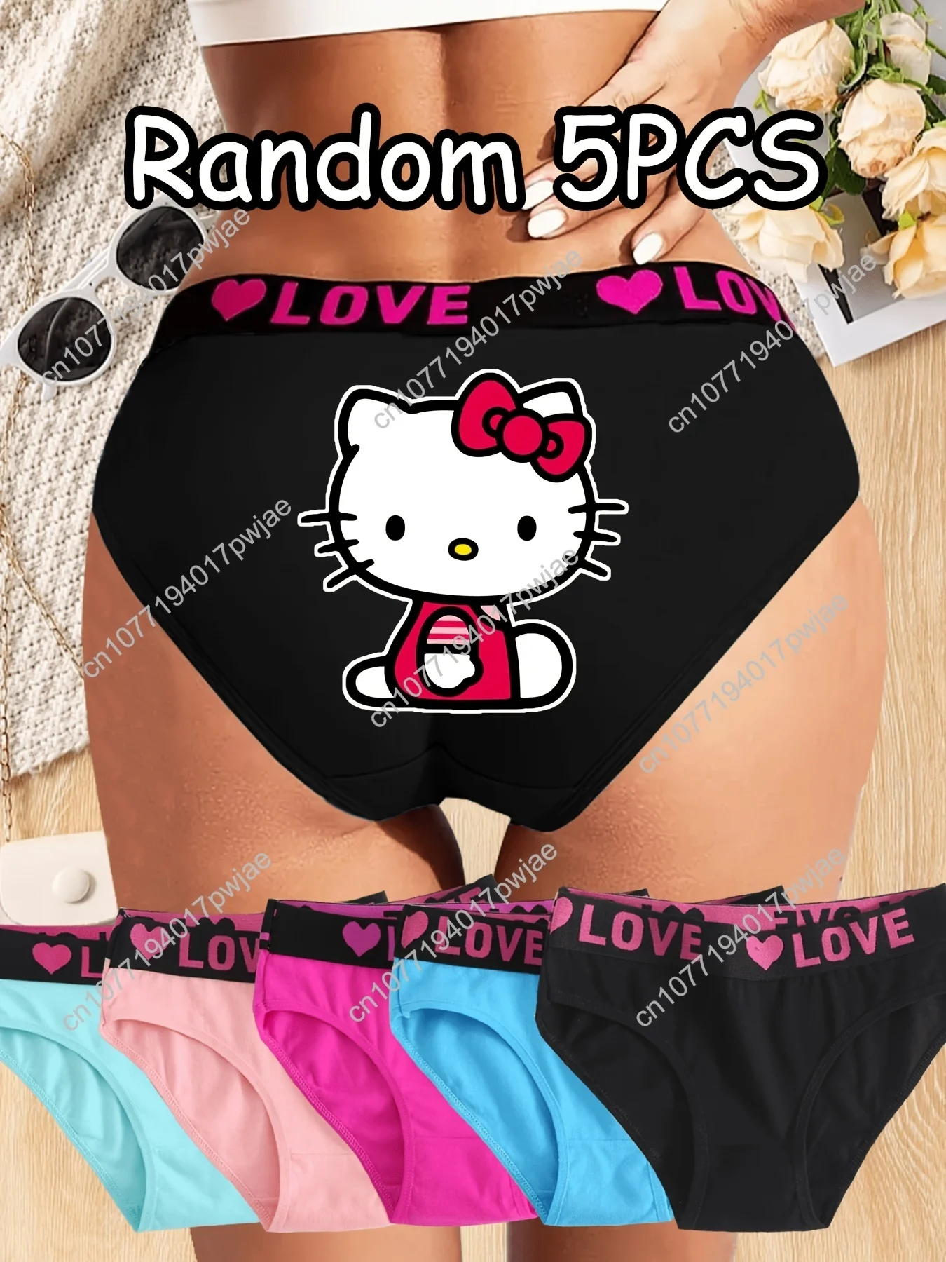 

5pcs Hello Kitty Thongs | Authorized by Sanrio, Mid Rise Waist, Cartoon Pattern with Classic Red Bow and "LOVE" Print, Available