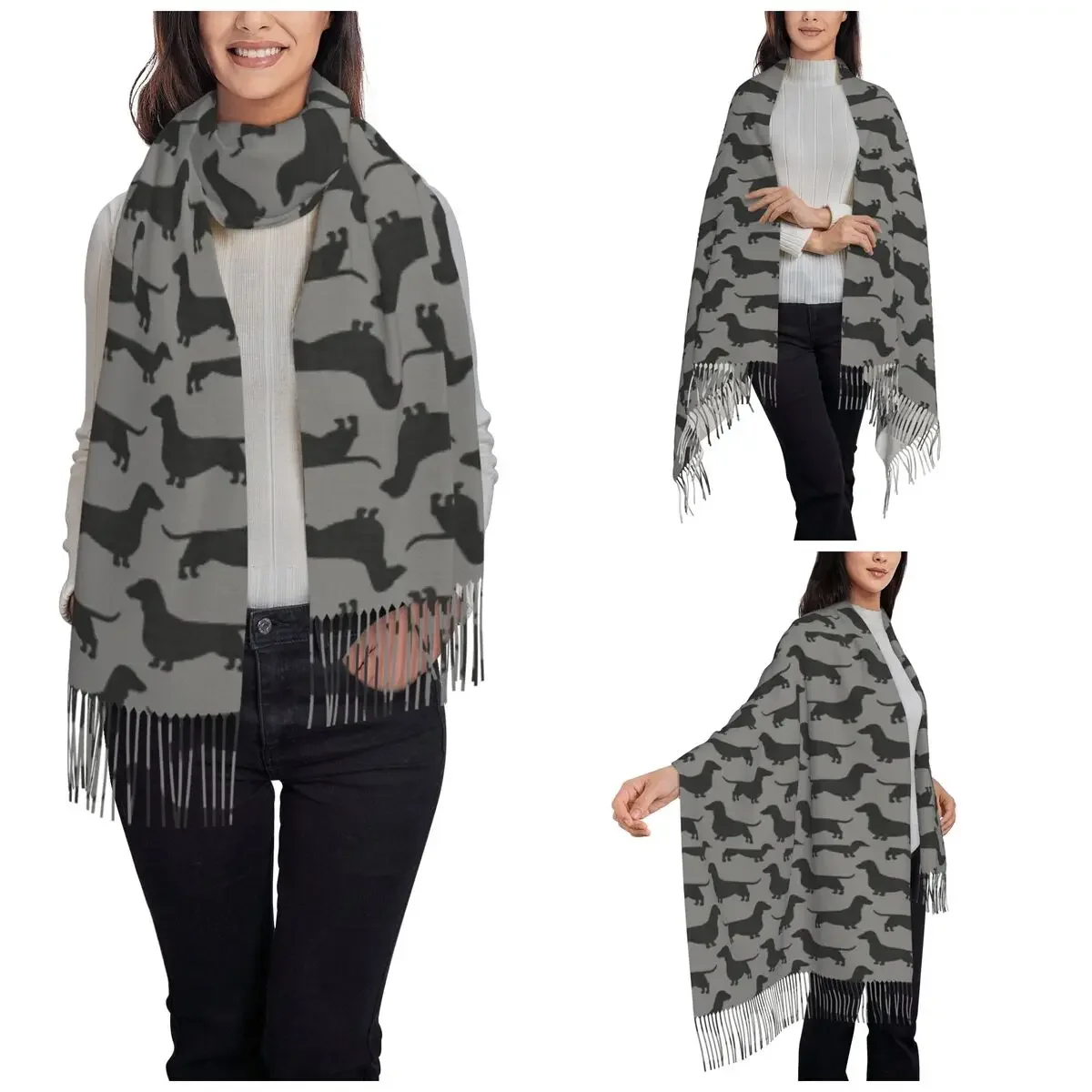 Women's Scarf with Tassel Dachshund Dog Silhouette Long Soft Warm Shawl Wrap Wiener Sausage Doxie Gifts Cashmere Scarf