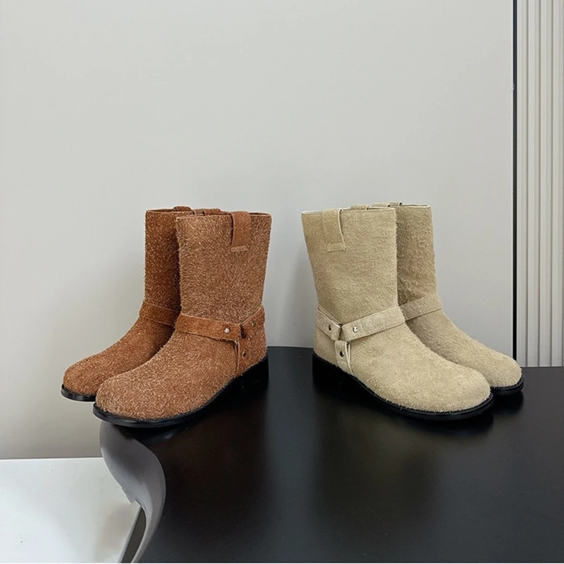 AIYUQI Mid-calf Boots For Women New Belt Buckle Flat  Frosted Western Cowboy Boots Women One-step Women Booties