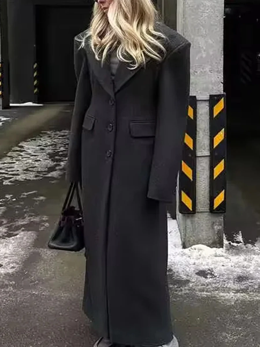 TWOTWINSTYLE Dark Gray Long Wool Coat for Women Notched Collar Long Sleeve Single Breasted Design Slim Chic Office Jacket Female