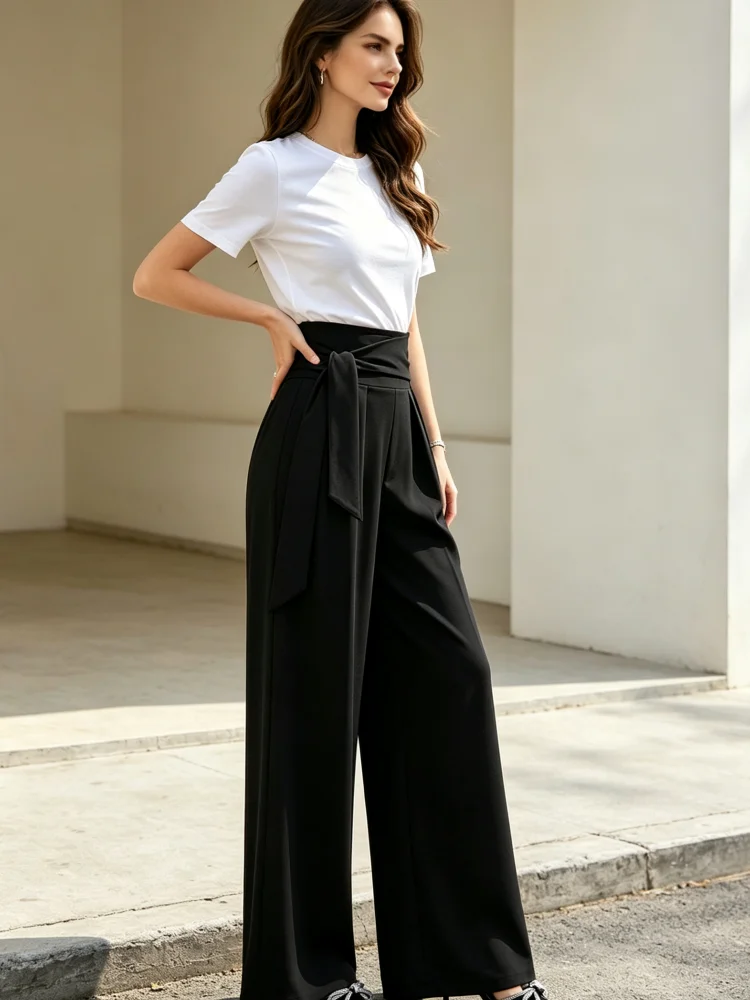 Weit geschnittene Damenhose, schwarz, hohe Taille, mit Bindegürtel, plissiert, lange Hose, elegante Business-Casual-Hose für das Büro – Detail 5