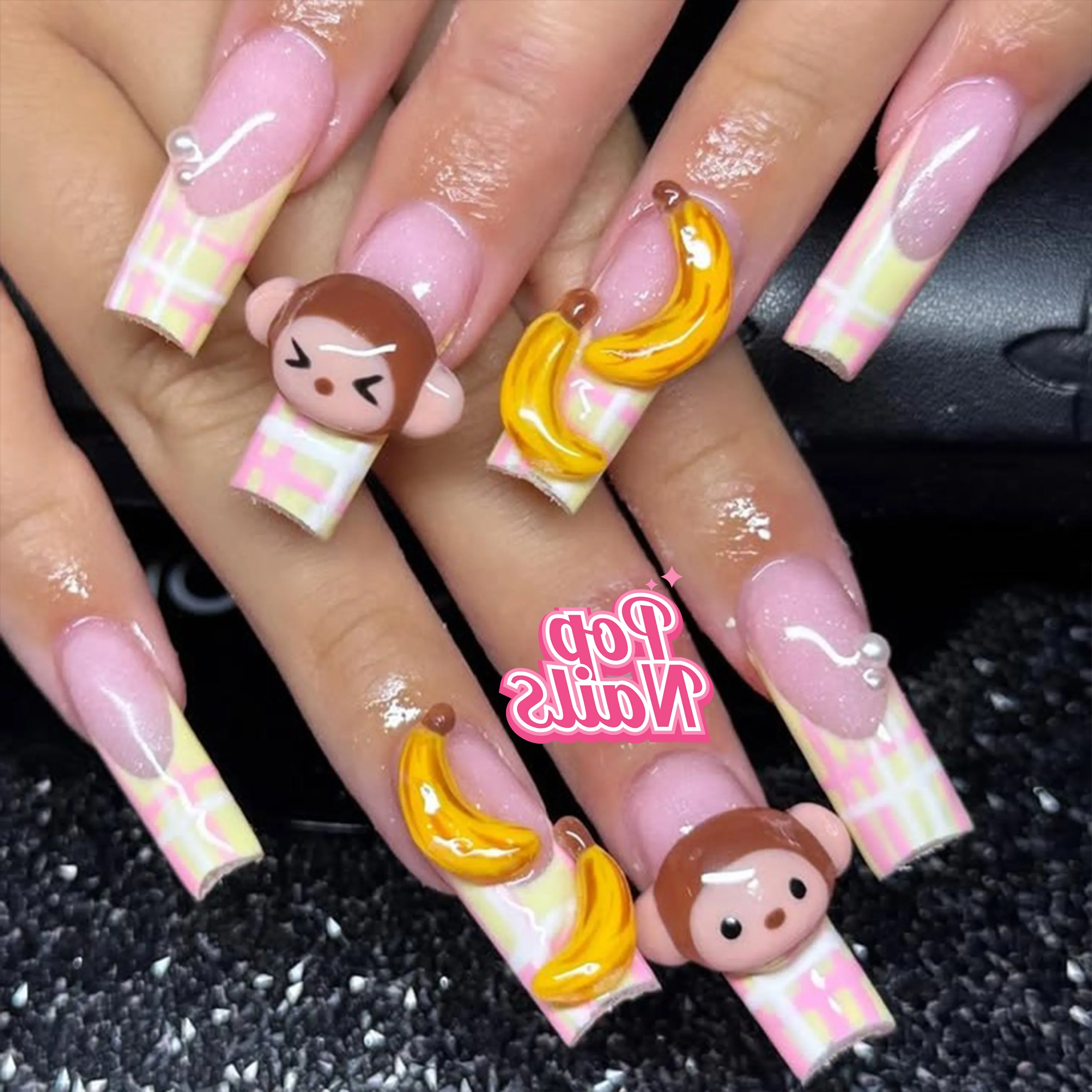 

Handmade Nails Trendy 3D Monkey Cute Press ons Long Square Press on Pink Fake Nail Homemade French Nail Monkey Press on Nails