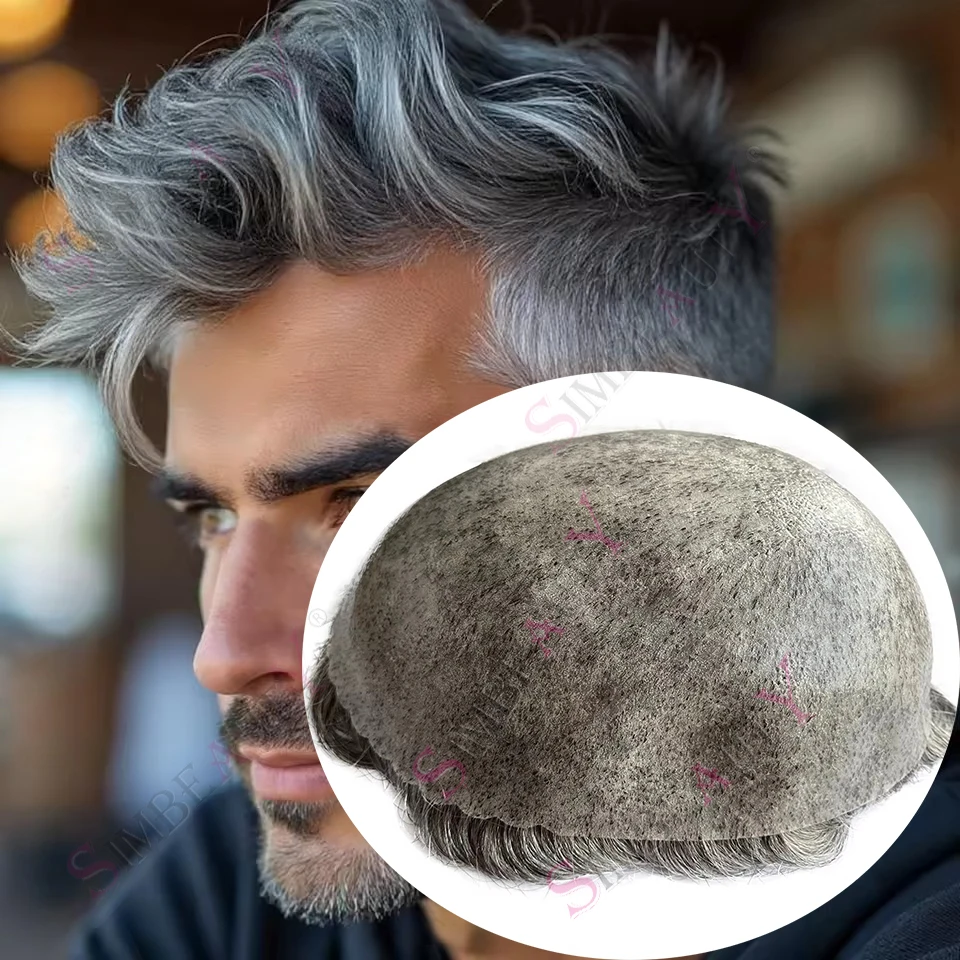 

Натуральная линия волос 1B65 1B80 Серые черные волосы Старый мужчина 0,1 мм Мужской парик из искусственной кожи 100% человеческие волосы Супер прочный полирусый мужской протез