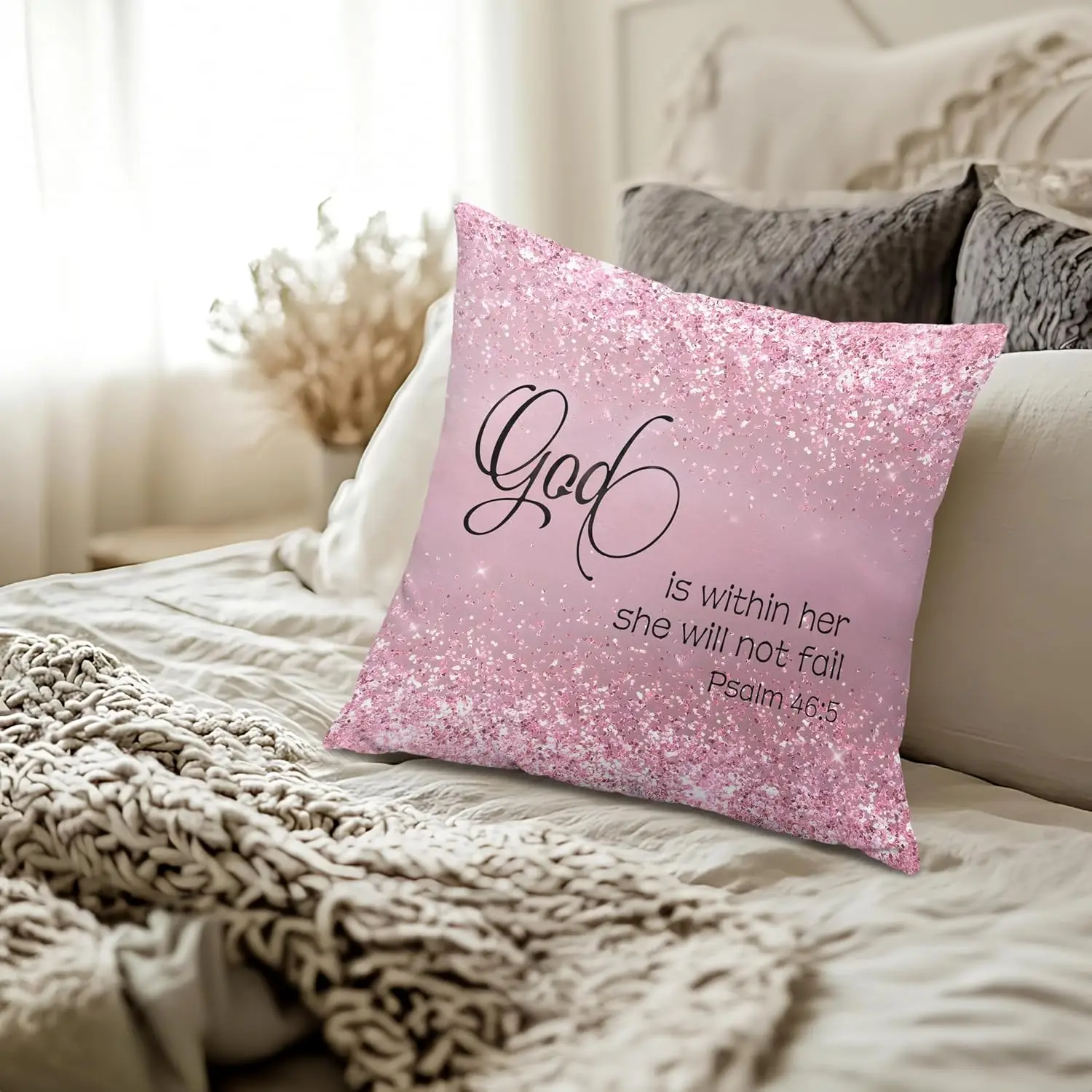 God is Within Her She Will Not Fail Christian Pillow Covers 18x18, Christian Room Home Decor, Glittery Pink Religious Bible Vers