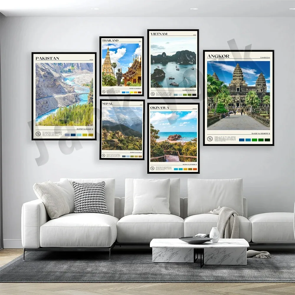 Póster de viaje para Pakistán, Islamabad, Okinawa, Japón, Malasia, Tailandia, Bali, Halong, Vietnam, Nepal, India