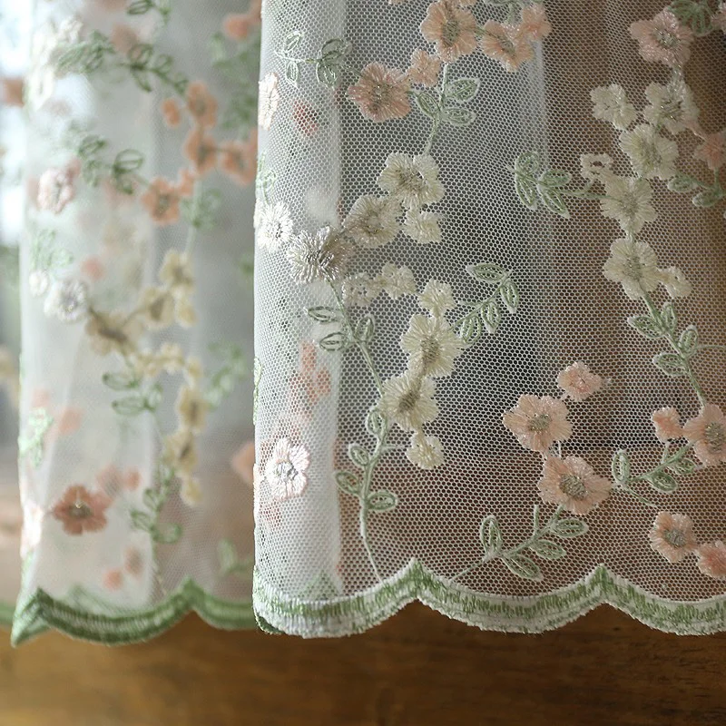 Lace Curtains Vintage Embroidered Pink Floral Sheer Curtains Light Filtering & Scalloped Privacy Sheer Window Drapes for Bedroom