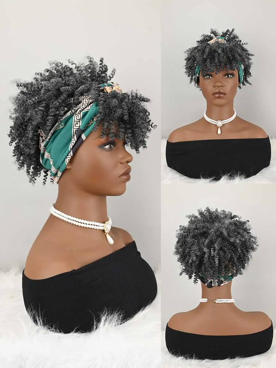 

Парик с повязкой на голову для женщин, афро-парик с кудрявыми волосами, короткий синтетический парик с прикрепленной повязкой, парик-повязка на голову