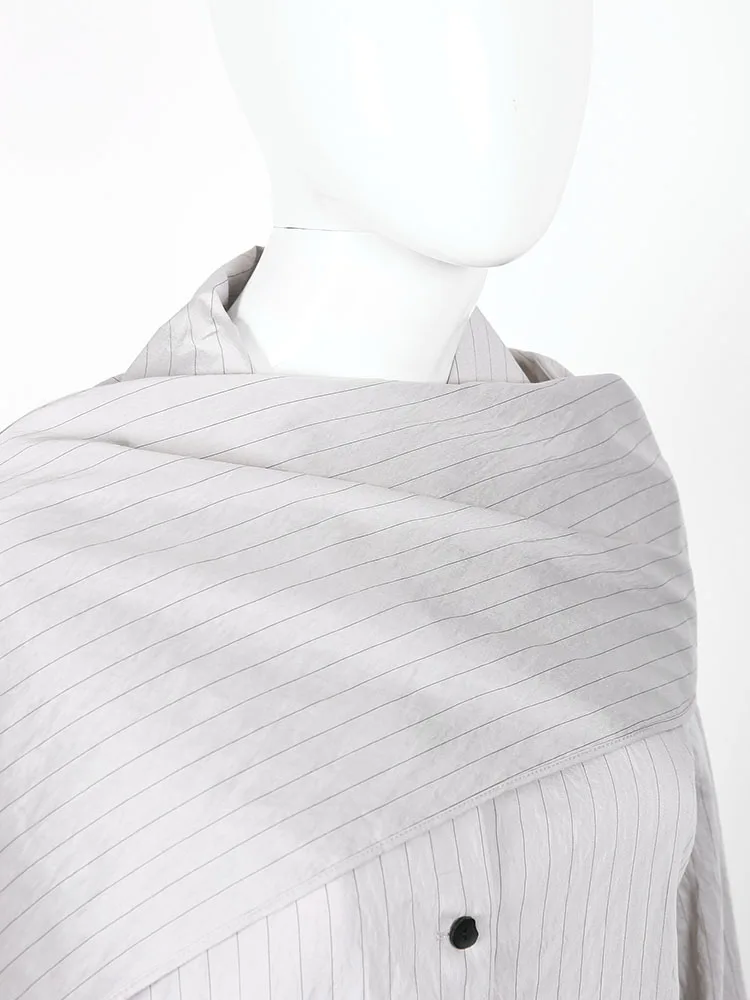 2025 primavera feminina cinza riscas assimétrico colarinho camisa oversized manga longa botão para baixo topo para senhoras moda