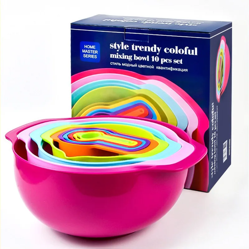 10 Pcs Plastic Mixing Bowl Set with Fruit Pattern Multifunctional Nesting Bowls with Measuring Cup and Spoons For Kitchen Baking