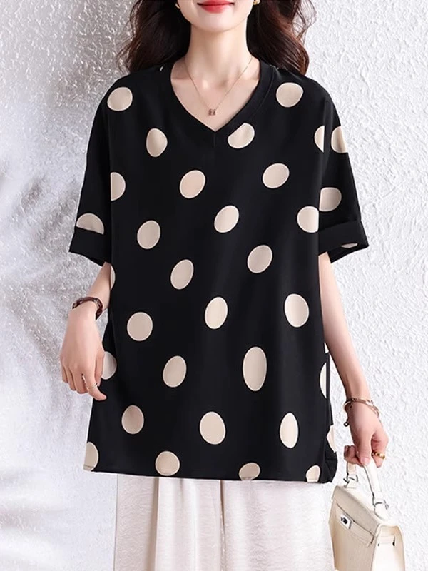 

Summer 2025 plus Size Loose Polka Dot Print V-Neck Short Sleeve T-Shirt Women's Top Comfortable Korean Style Regular Fit