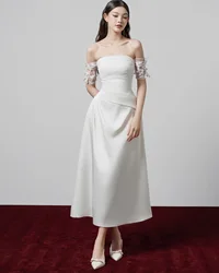 Customized Temperament Strapless Off the Shoulder Appliques Evening Dresses Classic Satin Pleats Vestido De Festa Robe de soirée
